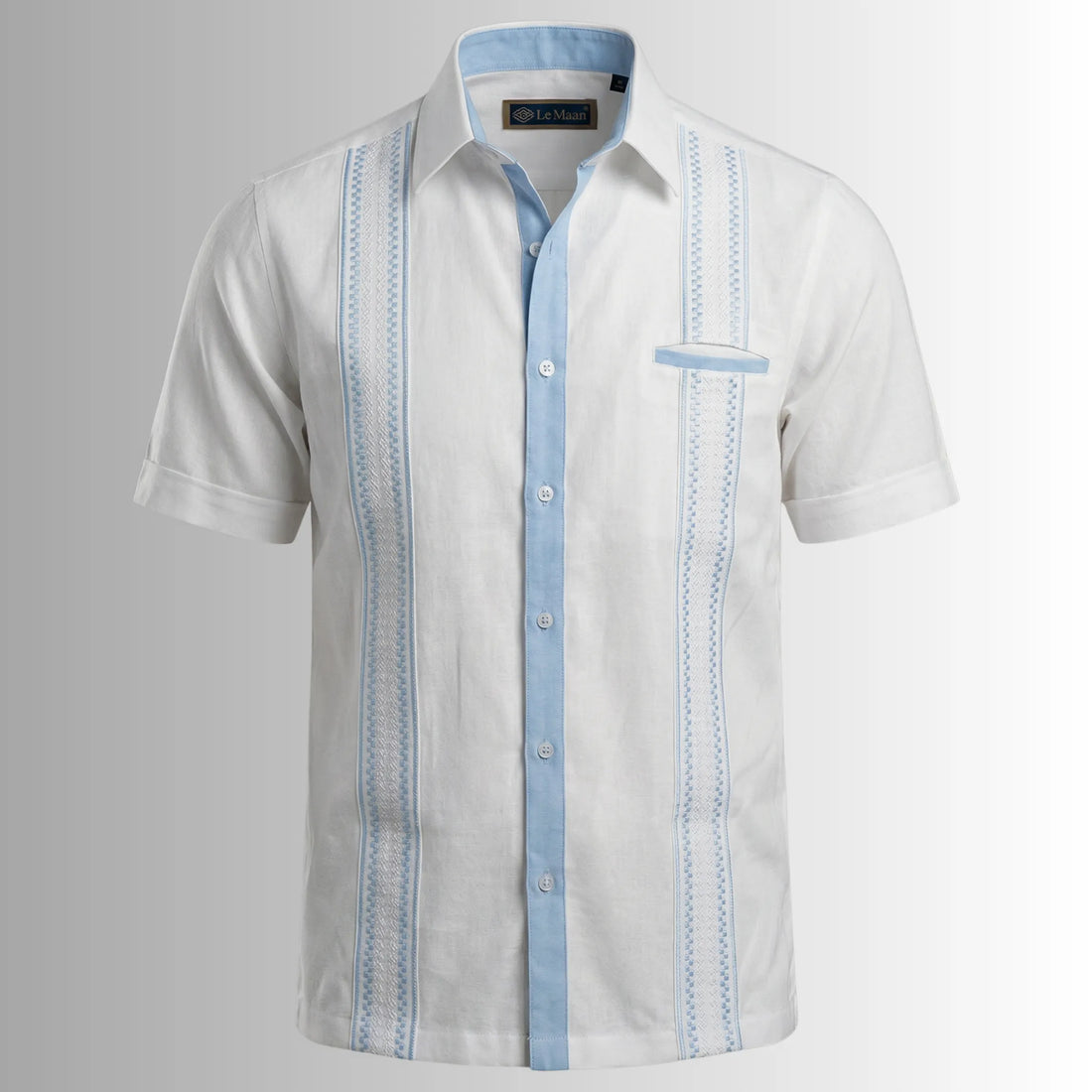 Camisa Guayabera Brisa del Caribe Blanco & Azul Cielo